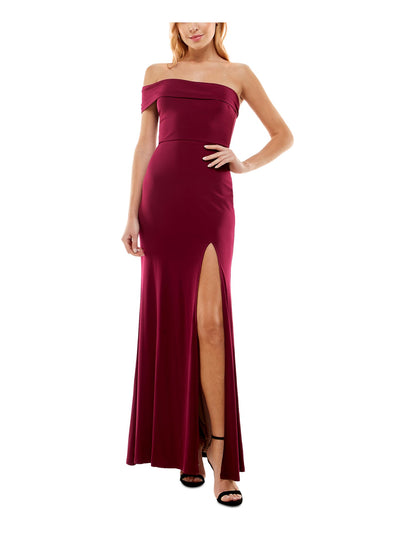 CITY STUDIO Womens Burgundy Zippered Lined One Shoulder Front Slit Off Shoulder Full-Length Formal Gown Dress 7