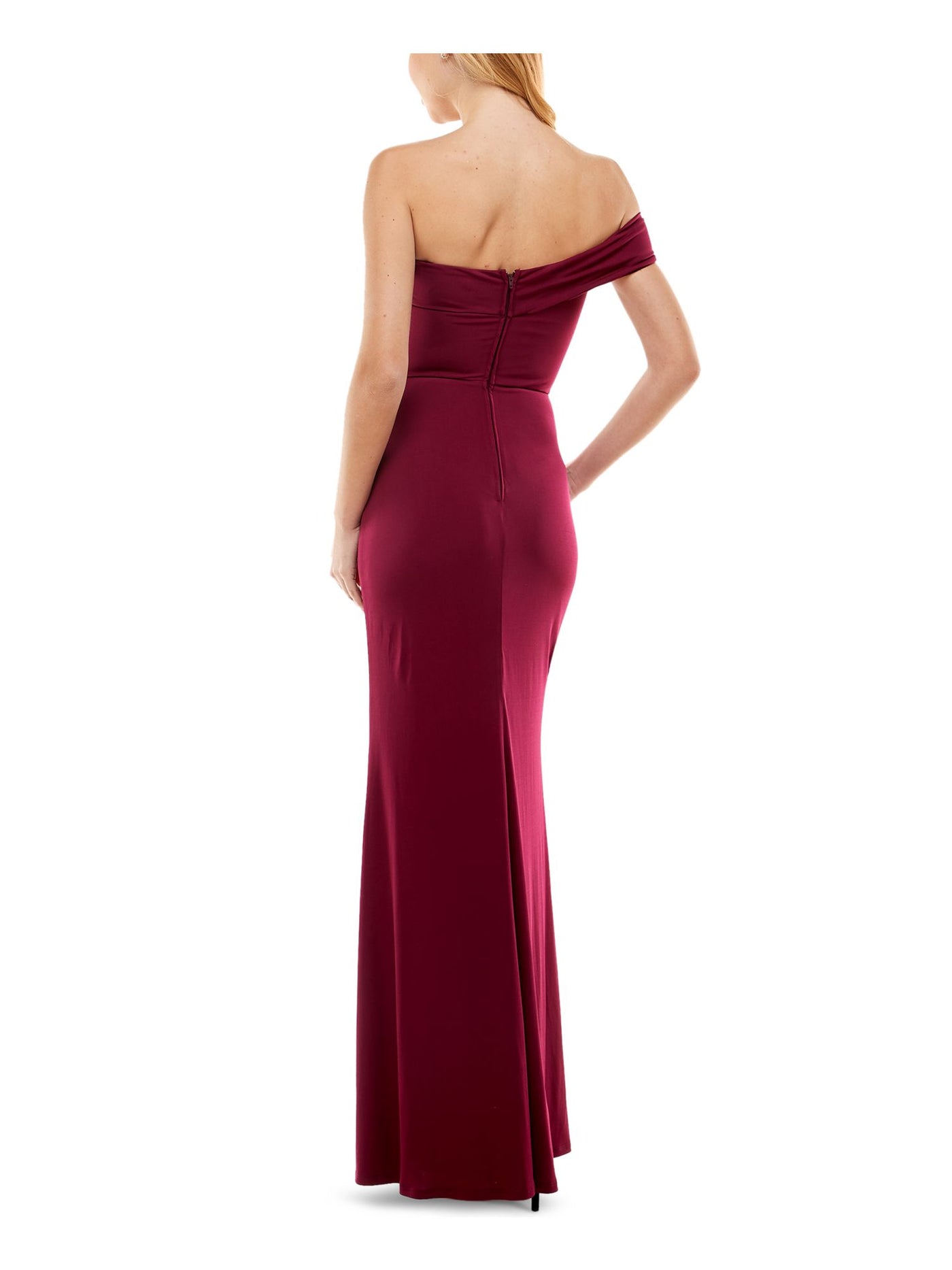 CITY STUDIO Womens Burgundy Zippered Lined One Shoulder Front Slit Off Shoulder Full-Length Formal Gown Dress Juniors 0
