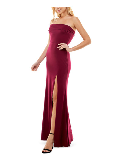 CITY STUDIO Womens Burgundy Zippered Lined One Shoulder Front Slit Off Shoulder Full-Length Formal Gown Dress 7