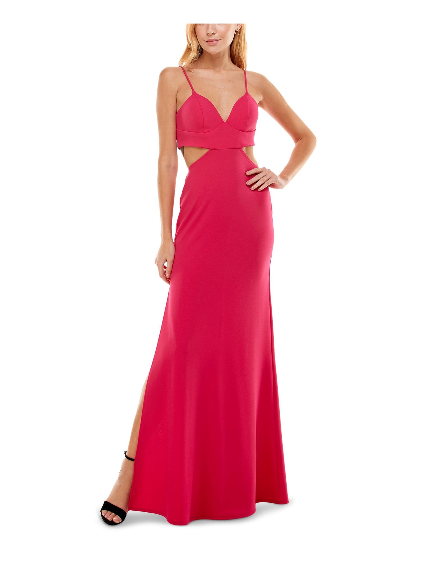 CRYSTAL DOLLS Womens Pink Stretch Cut Out Zippered Slitted Spaghetti Strap V Neck Full-Length Prom Gown Dress Juniors 11