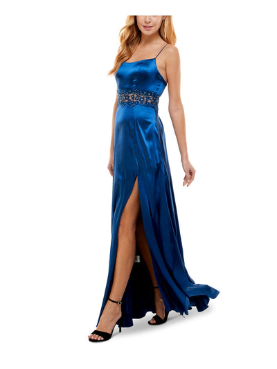 CITY STUDIO Womens Blue Embellished Zippered Satin Gown Spaghetti Strap Scoop Neck Maxi Prom Dress Juniors 7