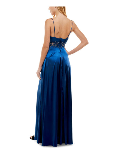 CITY STUDIO Womens Navy Embellished Zippered Satin Gown Spaghetti Strap Scoop Neck Maxi Prom Dress 3