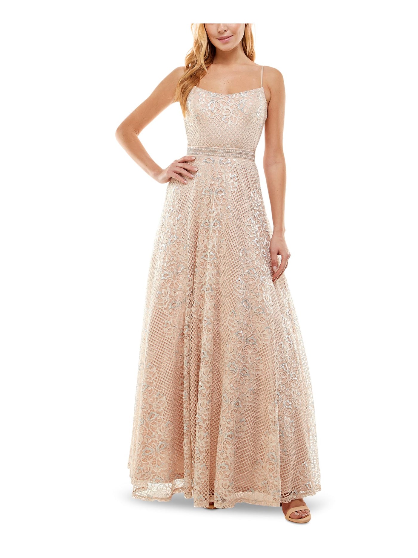 CITY STUDIO Womens Beige Zippered Metallic Lace Overlay Lined Floral Spaghetti Strap Scoop Neck Full-Length Cocktail Gown Dress Juniors 11