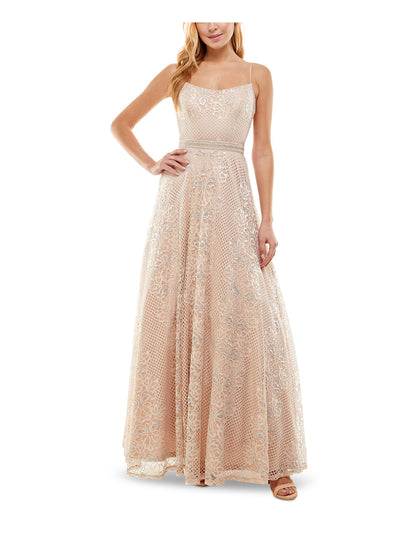 CITY STUDIO Womens Beige Zippered Metallic Lace Overlay Lined Floral Spaghetti Strap Scoop Neck Full-Length Cocktail Gown Dress 5