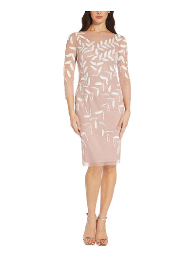ADRIANNA PAPELL Womens Pink Embellished Zippered Sheer Illusion 3/4 Sleeve Boat Neck Above The Knee Evening Sheath Dress 6