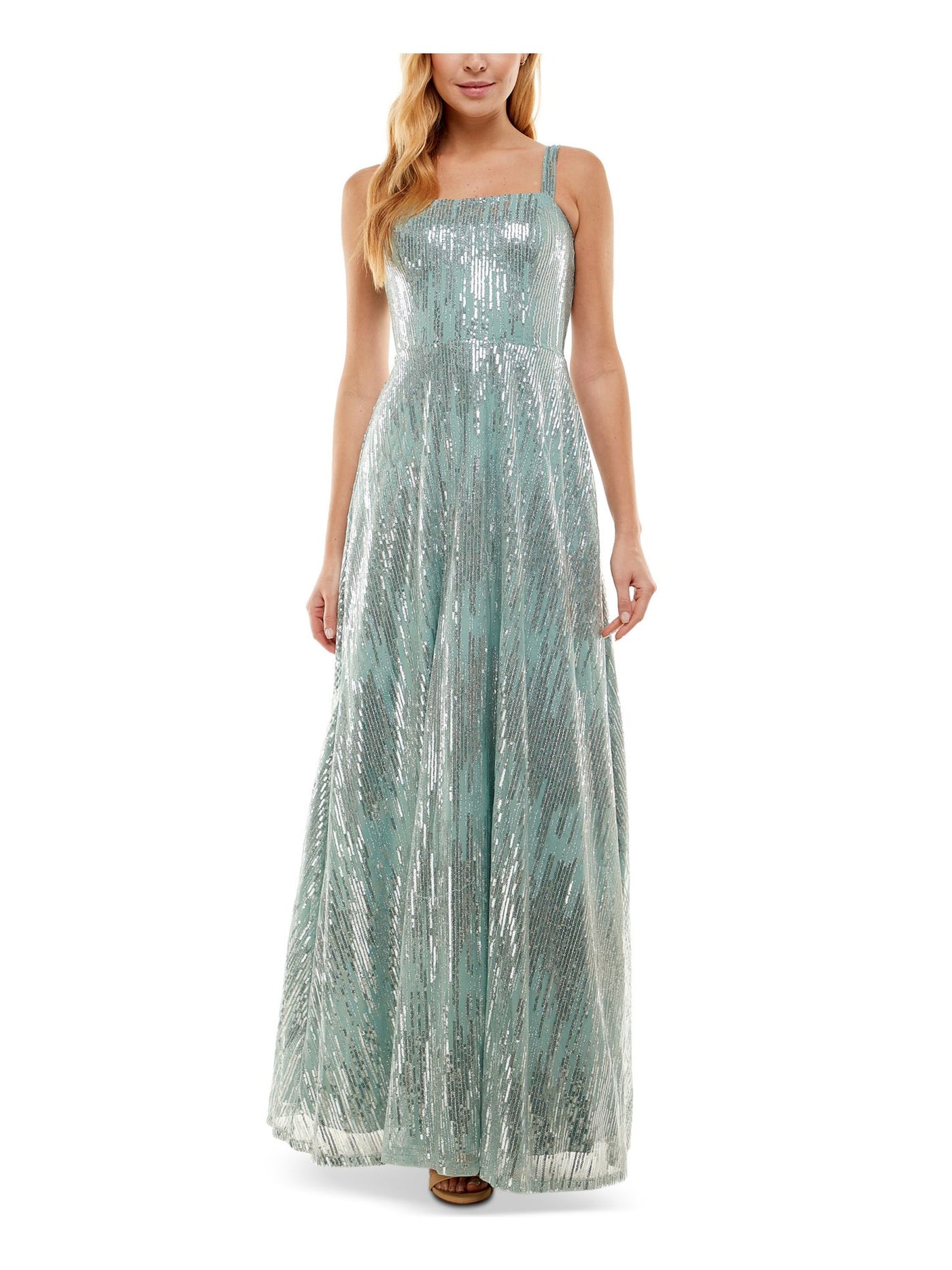 SAY YES TO THE PROM Womens Green Sequined Zippered Lined Sleeveless Square Neck Full-Length Formal Gown Dress 11