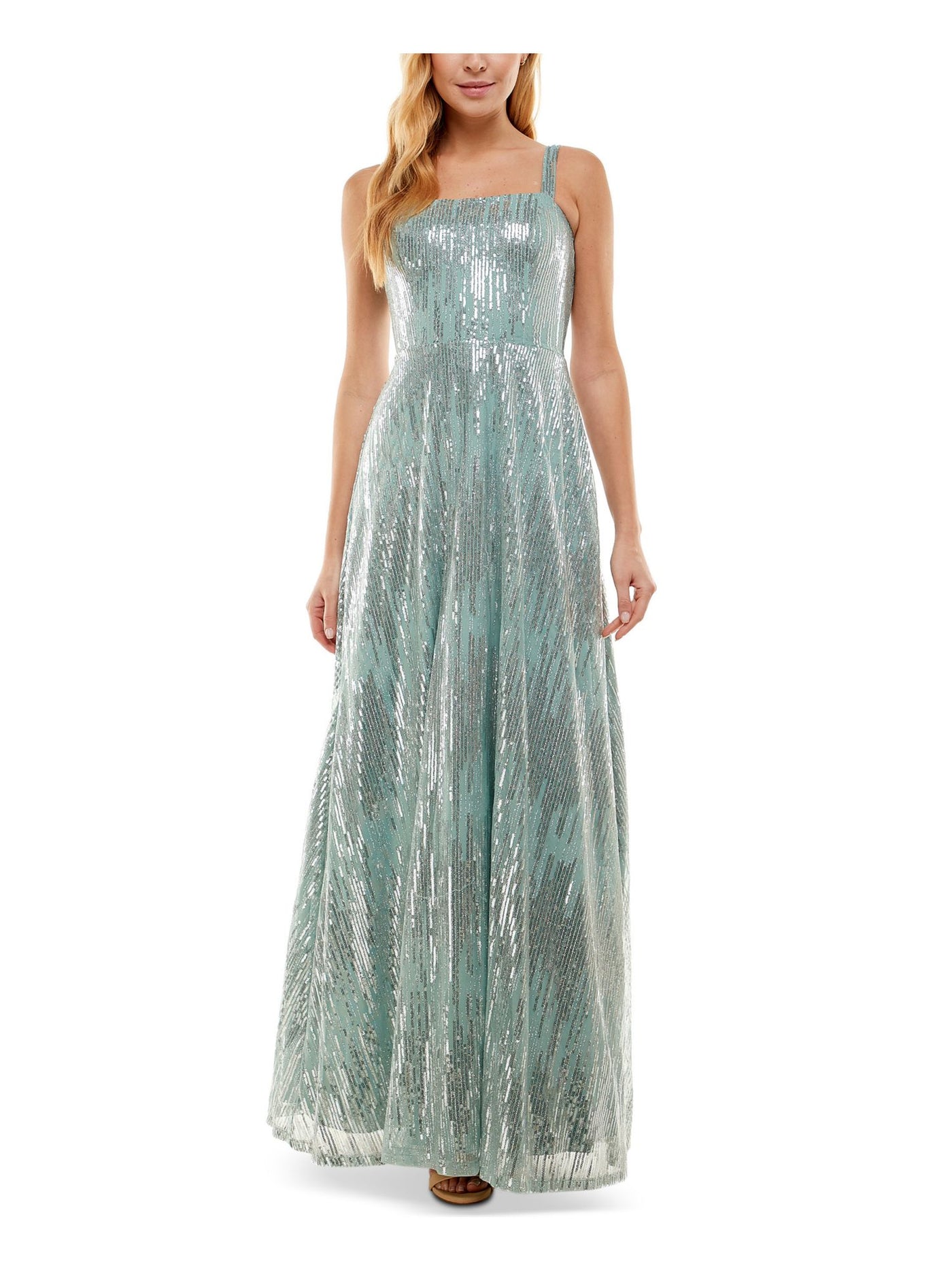 SAY YES TO THE PROM Womens Green Sequined Zippered Lined Sleeveless Square Neck Full-Length Formal Gown Dress Juniors 1