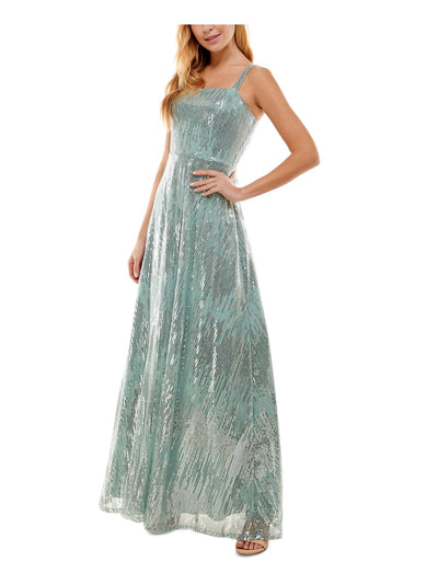 SAY YES TO THE PROM Womens Turquoise Sequined Zippered Lined Sleeveless Square Neck Full-Length Formal Gown Dress Juniors 3
