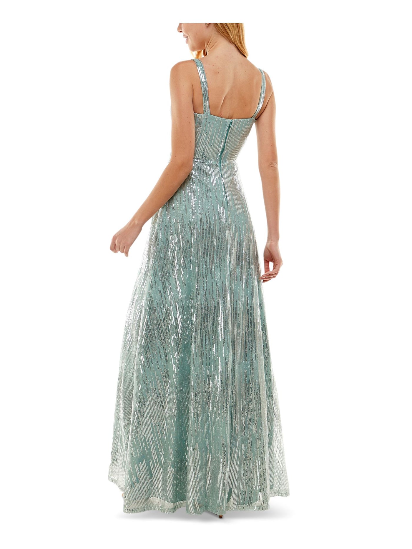 SAY YES TO THE PROM Womens Green Sequined Zippered Lined Sleeveless Square Neck Full-Length Formal Gown Dress Juniors 11
