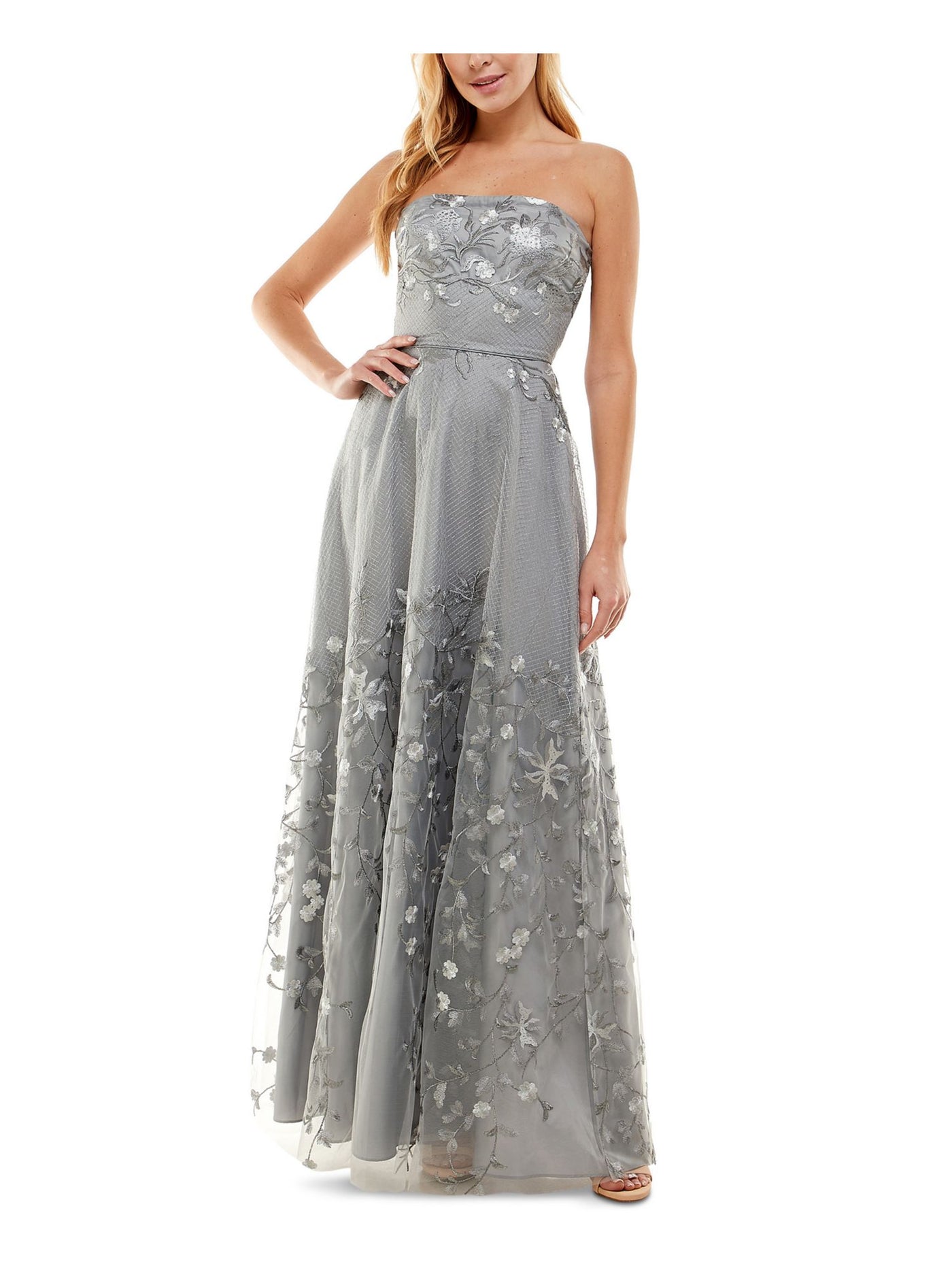 CITY STUDIO Womens Gray Embroidered Lace Zippered Sleeveless Strapless Full-Length  Gown Prom Dress Juniors 1
