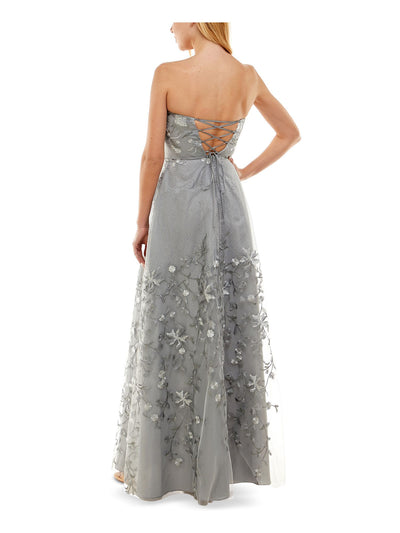 CITY STUDIO Womens Gray Embroidered Lace Zippered Sleeveless Strapless Full-Length Gown Prom Dress 1