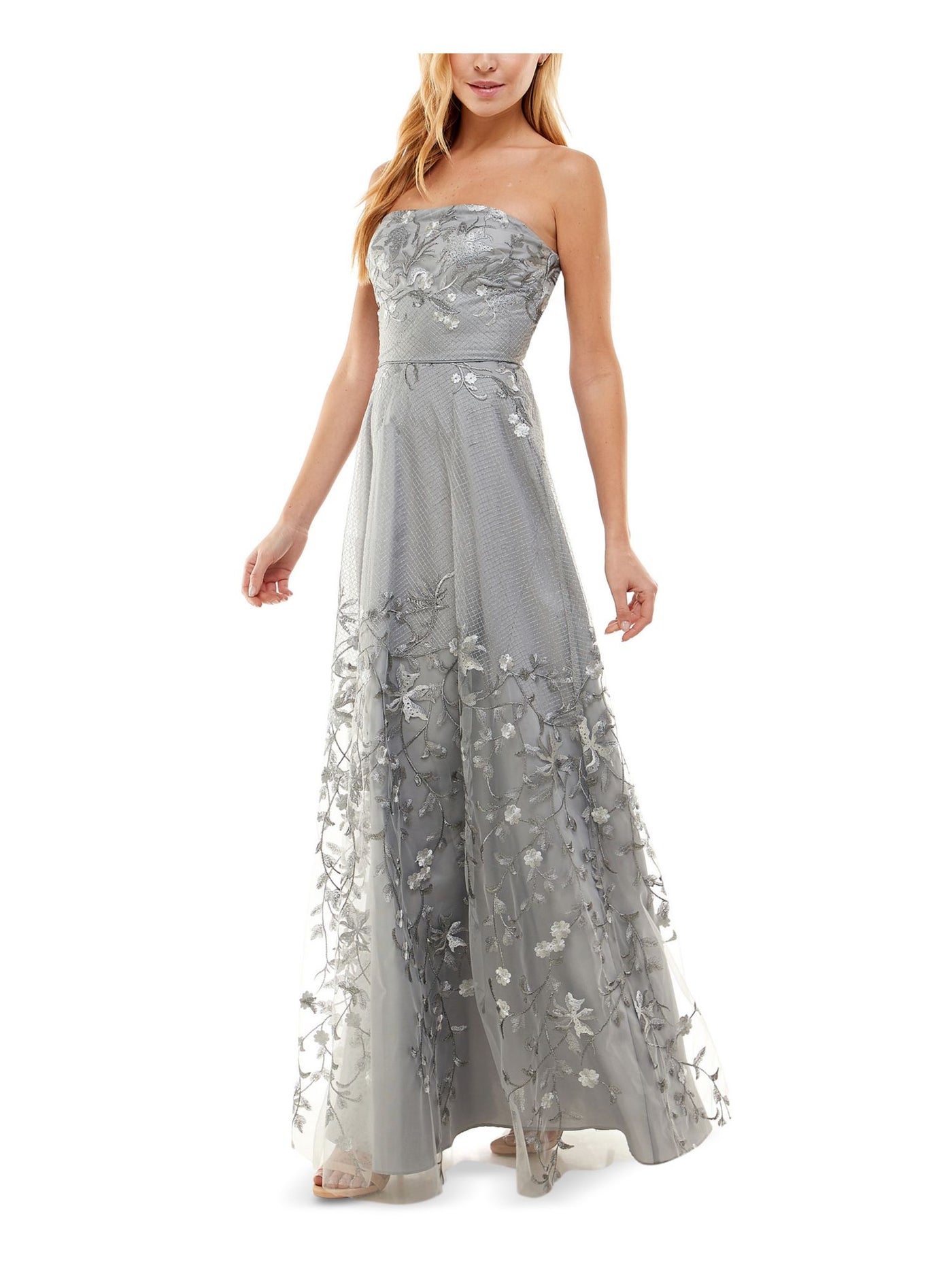 CITY STUDIO Womens Gray Embroidered Lace Zippered Sleeveless Strapless Full-Length Gown Prom Dress 1