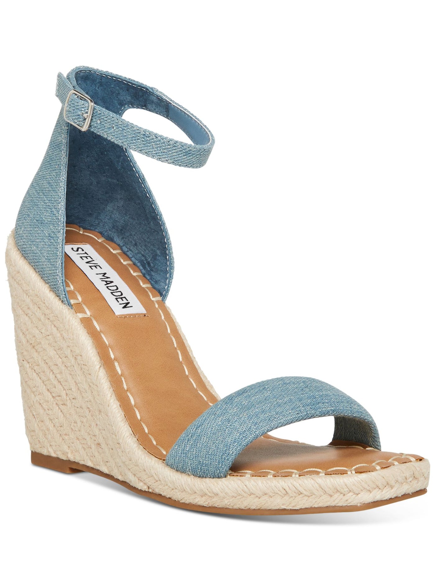 STEVE MADDEN Womens Blue Ankle Strap Comfort Submit Square Toe Wedge Buckle Espadrille Shoes 7