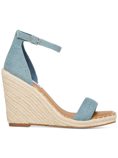STEVE MADDEN Womens Blue Cushioned Woven 1/2" Platform Adjustable Strap Ankle Strap Submit Square Toe Wedge Buckle Espadrille Shoes 8