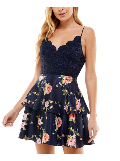 CITY STUDIO Womens Navy Zippered Scalloped Padded Bust Lace Ruffled Floral Spaghetti Strap V Neck Short Party Fit + Flare Dress Juniors 1