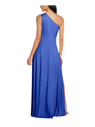 AIDAN AIDAN MATTOX Womens Blue Zippered Pleated Slitted Sleeveless Asymmetrical Neckline Full-Length Evening Sheath Dress 0