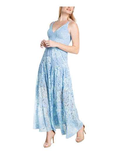 DRESS THE POPULATION Womens Blue Zippered Lined Sheer Floral Sleeveless V Neck Maxi Fit + Flare Dress XS