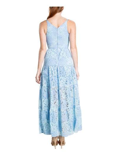DRESS THE POPULATION Womens Blue Zippered Lined Sheer Floral Sleeveless V Neck Maxi Fit + Flare Dress XS