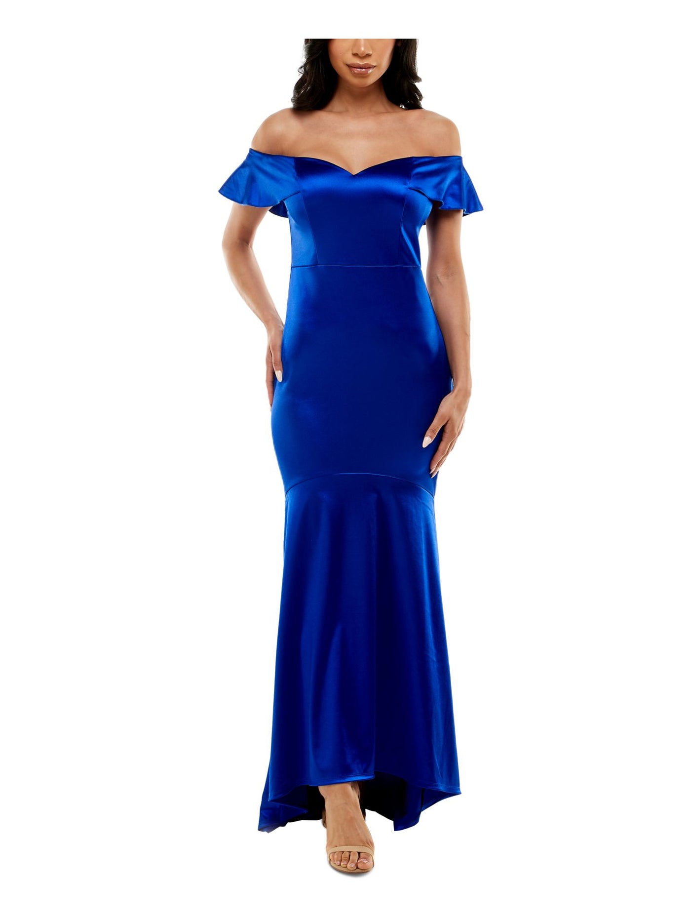 EMERALD SUNDAE Womens Blue Ruffled Short Sleeve Off Shoulder Maxi Formal Mermaid Dress Juniors L