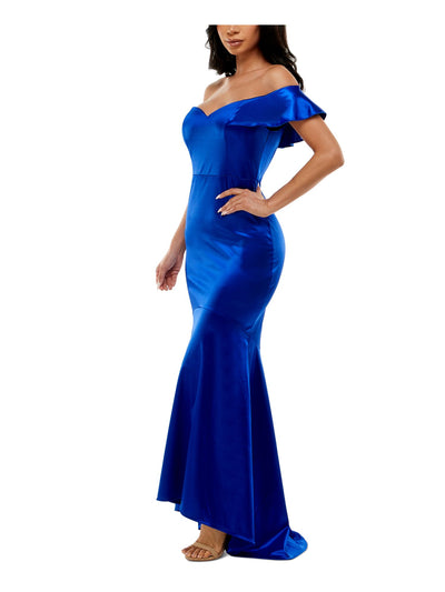 EMERALD SUNDAE Womens Blue Ruffled Short Sleeve Off Shoulder Maxi Formal Mermaid Dress Juniors L