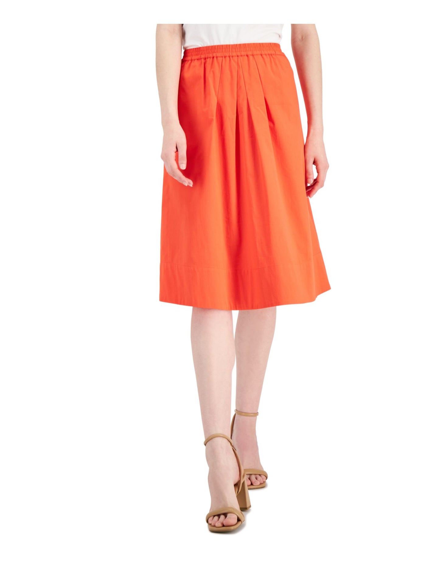 DONNA KARAN NEW YORK Womens Orange Pocketed Lined Elastic Waist Pull On Pleated Below The Knee A-Line Skirt L