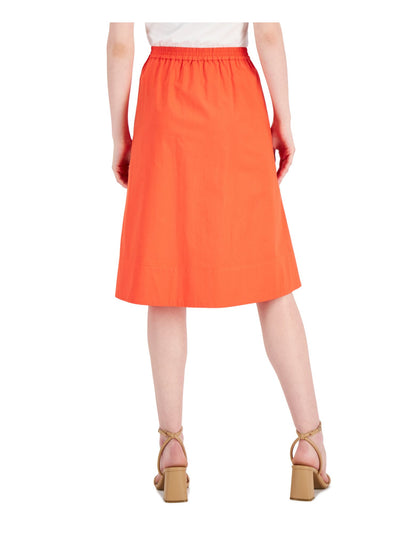 DONNA KARAN NEW YORK Womens Orange Pocketed Lined Elastic Waist Pull On Pleated Below The Knee A-Line Skirt L