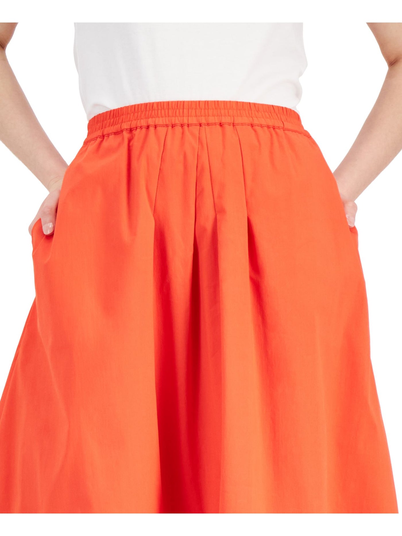 DONNA KARAN NEW YORK Womens Orange Pocketed Lined Elastic Waist Pull On Pleated Below The Knee A-Line Skirt M