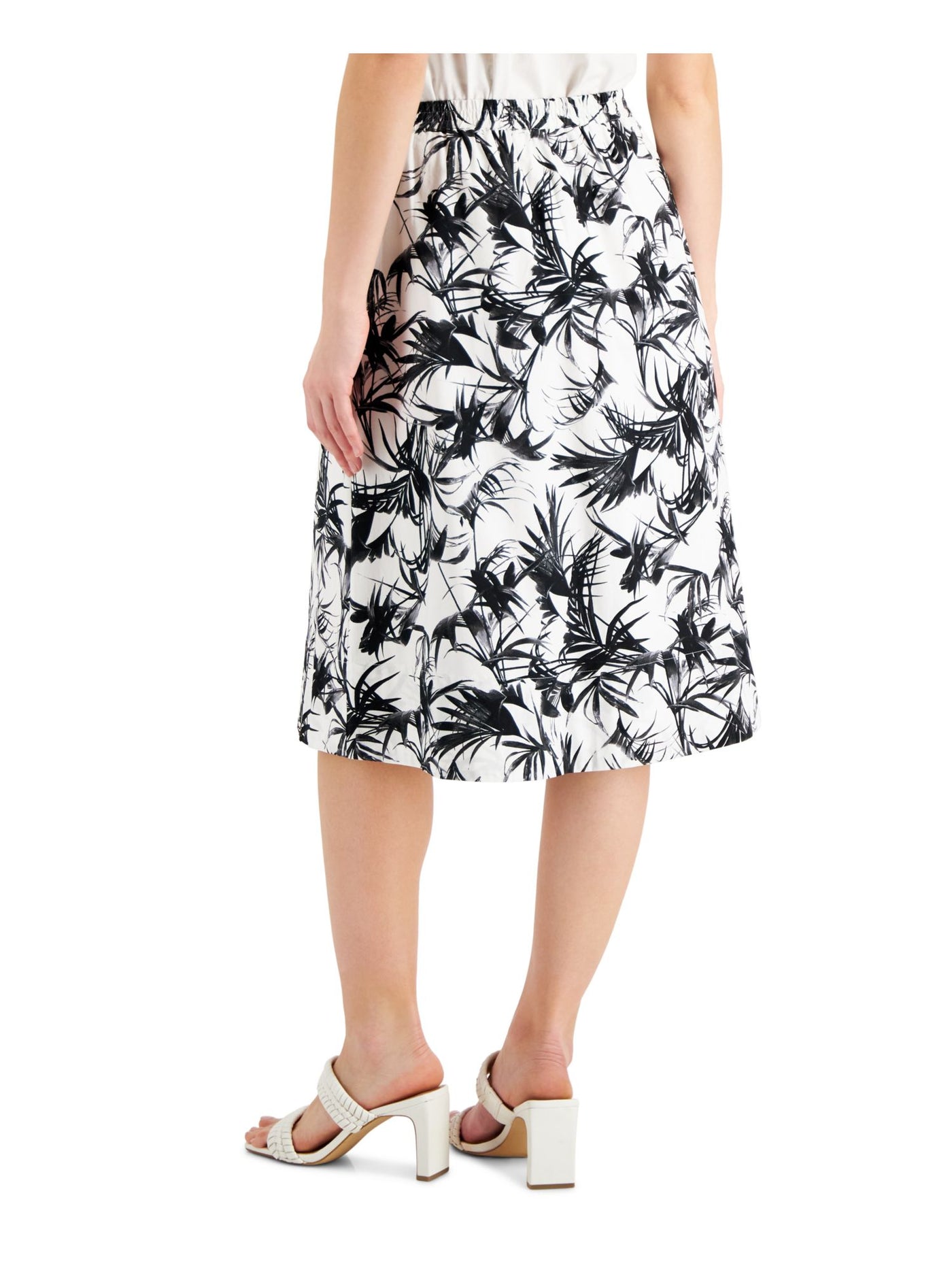 DONNA KARAN NEW YORK Womens White Lined Pocketed Elastic Waist Pull On Printed Below The Knee A-Line Skirt L