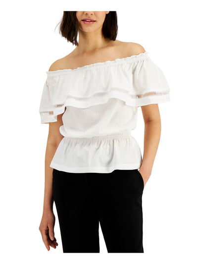 DONNA KARAN NEW YORK Womens White Ruffled Convertible-neck Smocked Waist Flutter Sleeve Off Shoulder Top XS