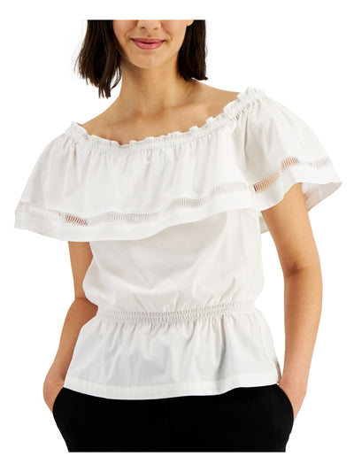 DONNA KARAN NEW YORK Womens White Ruffled Convertible-neck Smocked Waist Flutter Sleeve Off Shoulder Top XS