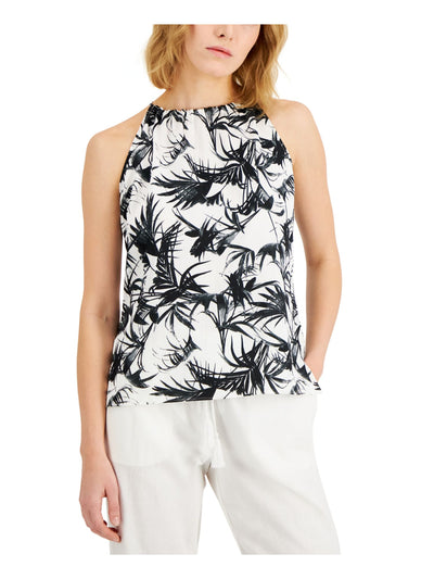 DONNA KARAN NEW YORK Womens White Tie Unlined Gathered Vented Hem Printed Sleeveless Halter Top M