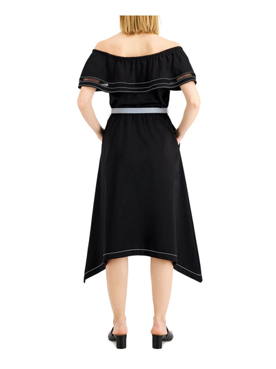 DONNA KARAN NEW YORK Womens Black Belted Unlined Handkerchief Hem Ladder Trim Short Sleeve Off Shoulder Midi Fit + Flare Dress 8