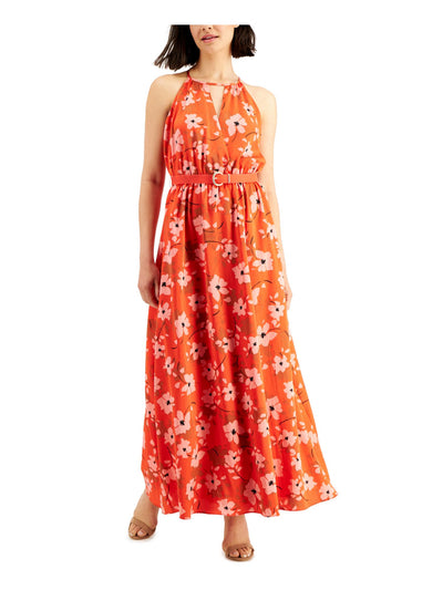 DONNA KARAN NEW YORK Womens Orange Belted Keyholes Elastic Waist Pullover Floral Sleeveless Halter Maxi Fit + Flare Dress 2
