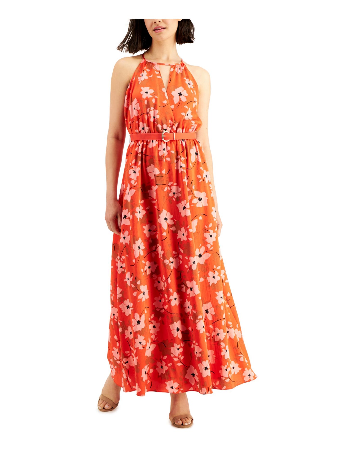 DONNA KARAN NEW YORK Womens Orange Belted Keyholes Elastic Waist Pullover Floral Sleeveless Halter Maxi Fit + Flare Dress 2