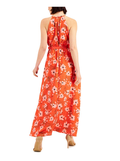 DONNA KARAN NEW YORK Womens Orange Belted Keyholes Elastic Waist Pullover Floral Sleeveless Halter Maxi Fit + Flare Dress 2