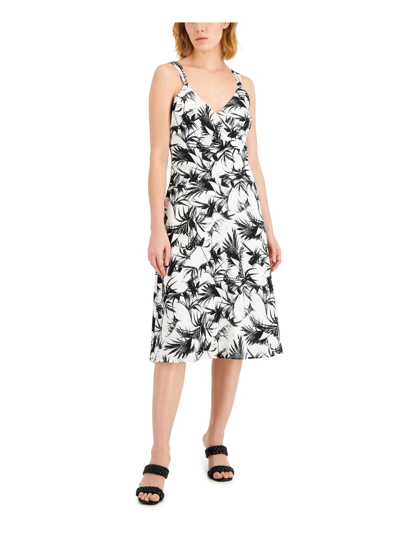 DONNA KARAN NEW YORK Womens Ivory Pleated Lined Pullover Printed Sleeveless Surplice Neckline Below The Knee Fit + Flare Dress 10