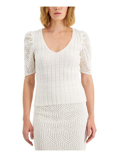 DONNA KARAN NEW YORK Womens White Knit Ribbed Fitted Crochet Sleeves V Neck Wear To Work Top XS