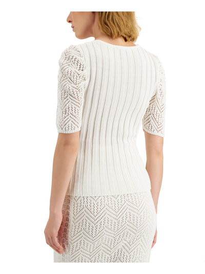 DONNA KARAN NEW YORK Womens White Knit Ribbed Fitted Crochet Sleeves V Neck Wear To Work Top XS