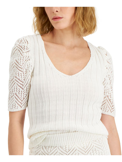 DONNA KARAN NEW YORK Womens White Knit Ribbed Fitted Crochet Sleeves V Neck Wear To Work Top XS