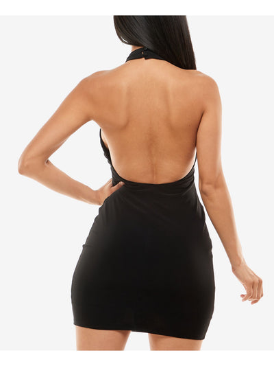 B DARLIN Womens Black Open Back Darted Lined Cutaway Shoulders Sleeveless Halter Mini Party Body Con Dress Juniors XXS
