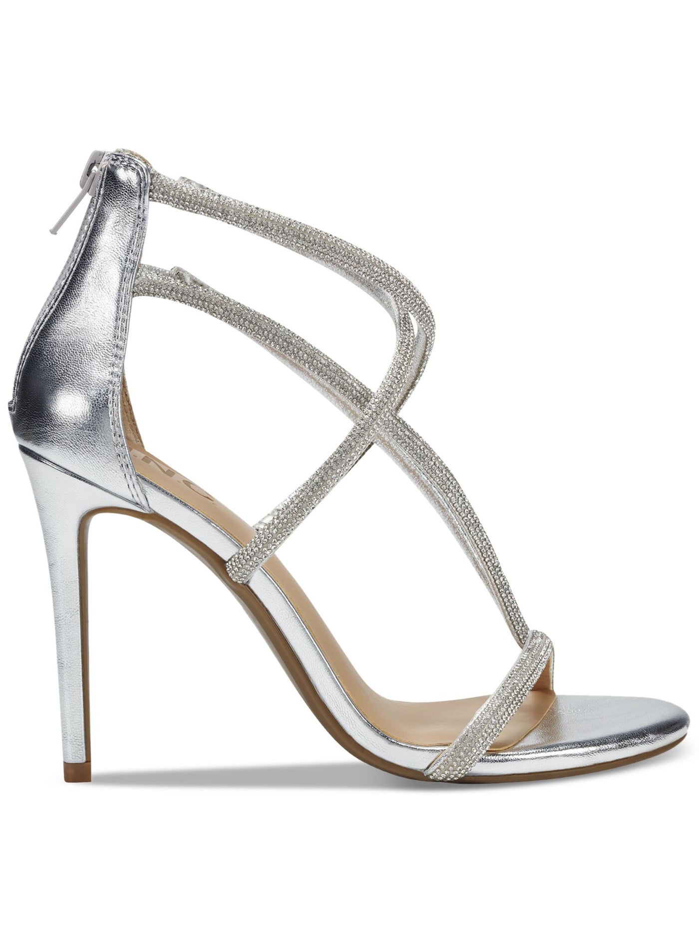 INC Womens Silver Mixed Media Strappy Padded Krista Round Toe Stiletto Zip-Up Dress Heeled Sandal 10 M