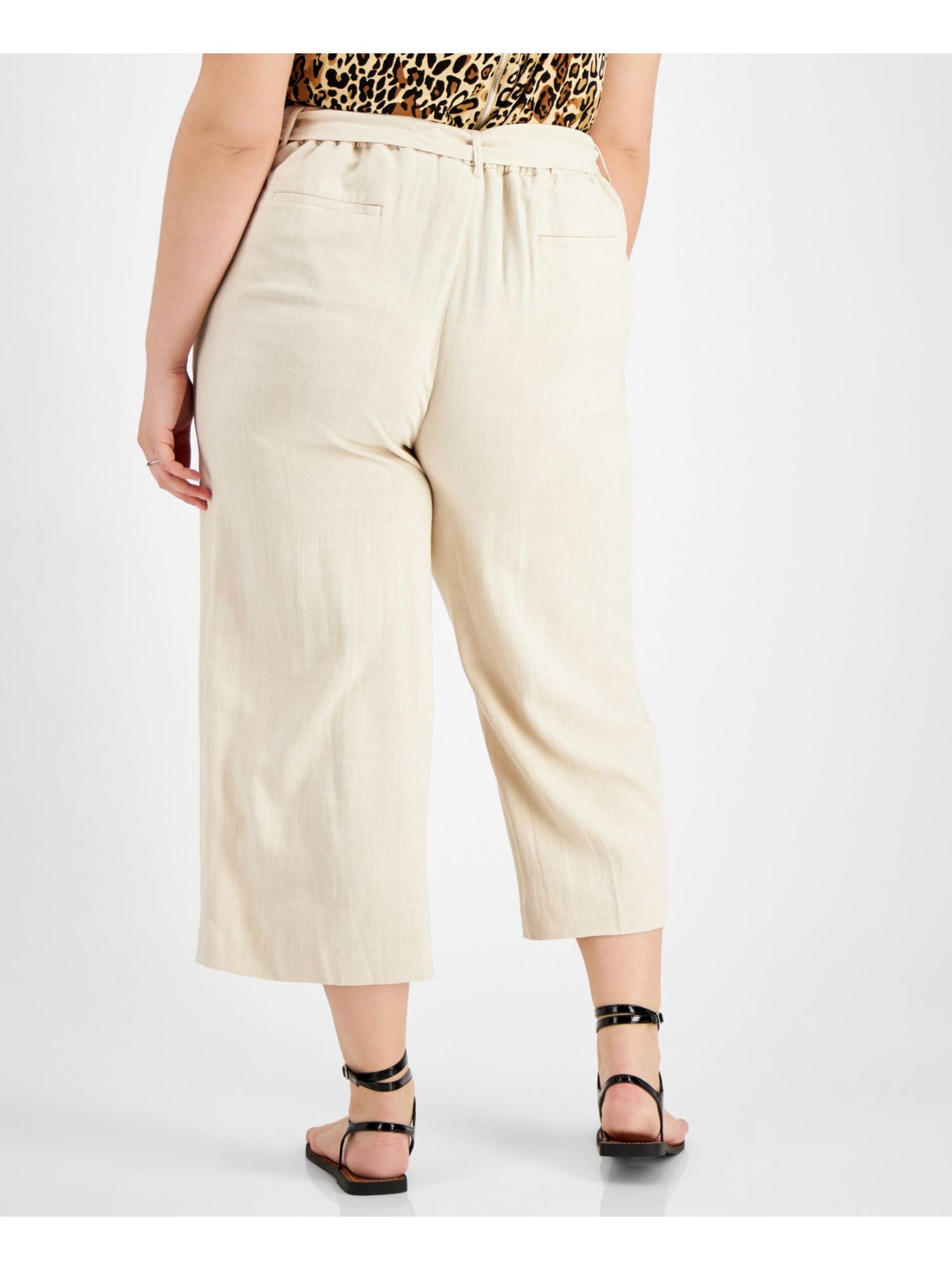 BAR III Womens Beige Pocketed Belted Straight Cropped High Waist Pants Plus 14W