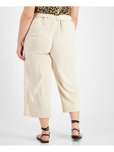 BAR III Womens Beige Pocketed Belted Straight Cropped High Waist Pants Plus 14W