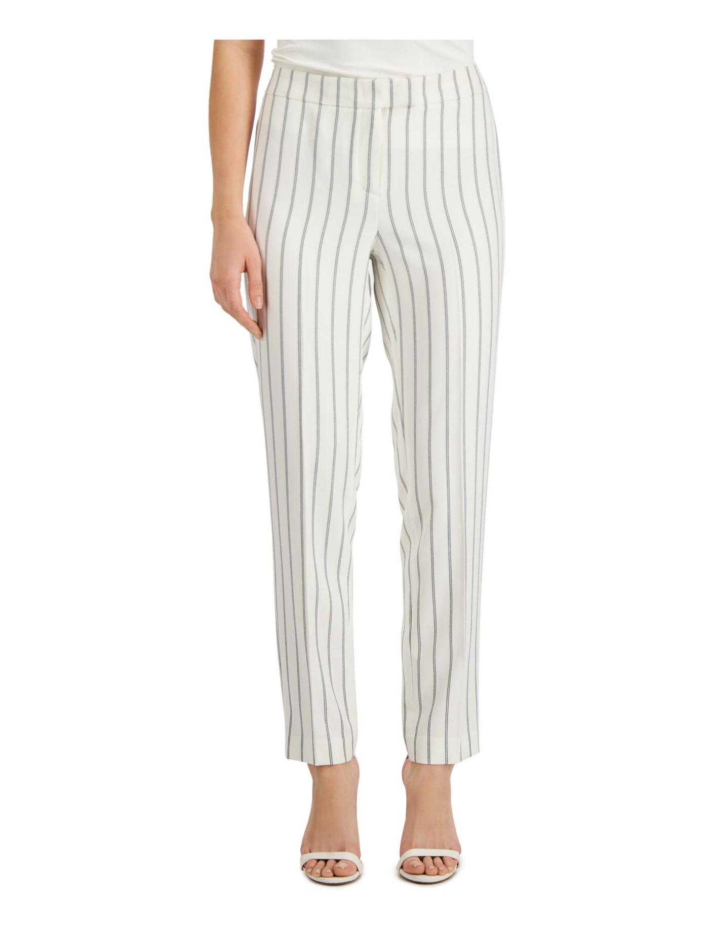 ANNE KLEIN Womens White Pocketed Hook And Bar Closure Extend-tab Striped Wear To Work Straight leg Pants 10