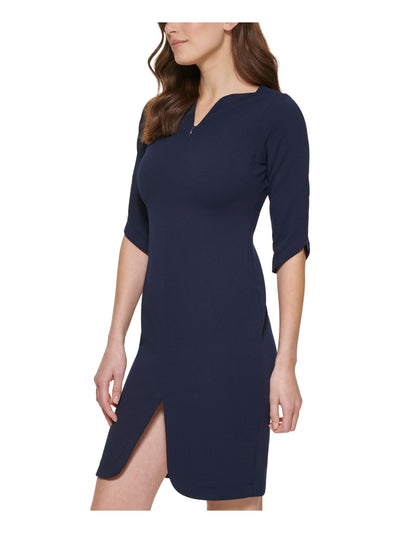 CALVIN KLEIN Womens Navy Slitted Zippers At Front Back And Cuffs Elbow Sleeve Split Above The Knee Cocktail Sheath Dress Petites 2P