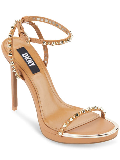 DKNY Womens Beige Padded Metallic Studded Adjustable Strap Ankle Strap Dacia Round Toe Stiletto Buckle Leather Heeled Sandal 9