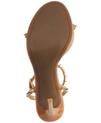 DKNY Womens Beige Padded Metallic Studded Adjustable Strap Ankle Strap Dacia Round Toe Stiletto Buckle Leather Heeled