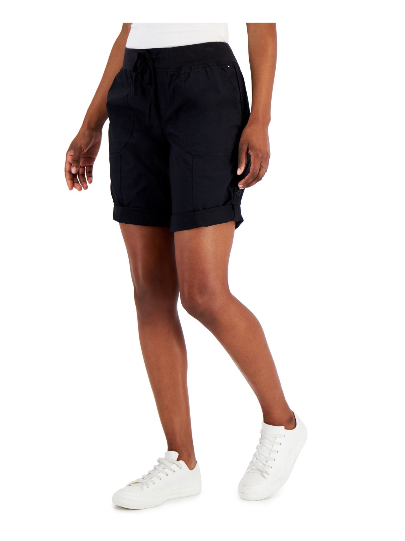 TOMMY HILFIGER Womens Black Pocketed Drawstring Waist Rolled Cuffs High Waist Shorts XS