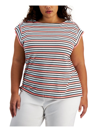 ANNE KLEIN Womens White Striped Cap Sleeve Boat Neck T-Shirt Plus 3X