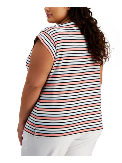 ANNE KLEIN Womens White Striped Cap Sleeve Boat Neck T-Shirt Plus 3X